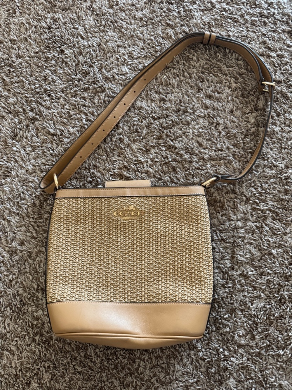 Coach Tan Straw & Leather Crossbody Bag